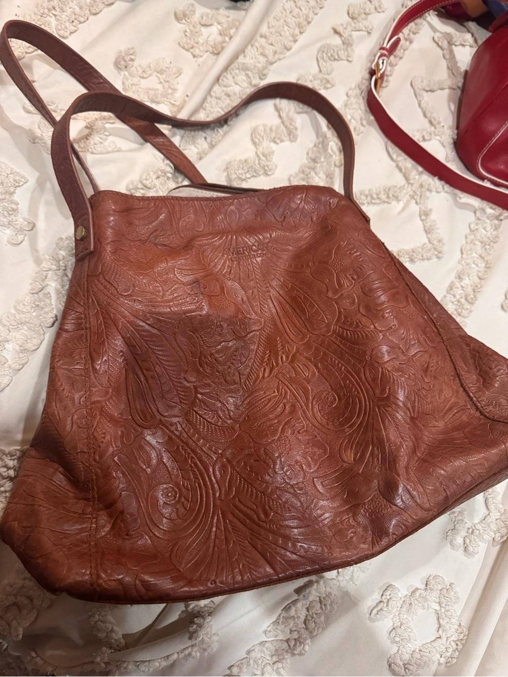 Embossed Floral Leather Tote in Chestnut Brown
